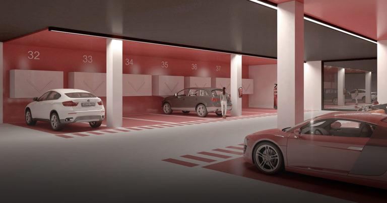 Render del proyecto de plazas de garaje Torres del Mediterráneo, desarrollado por Grupanxon y financiado por Urbanitae